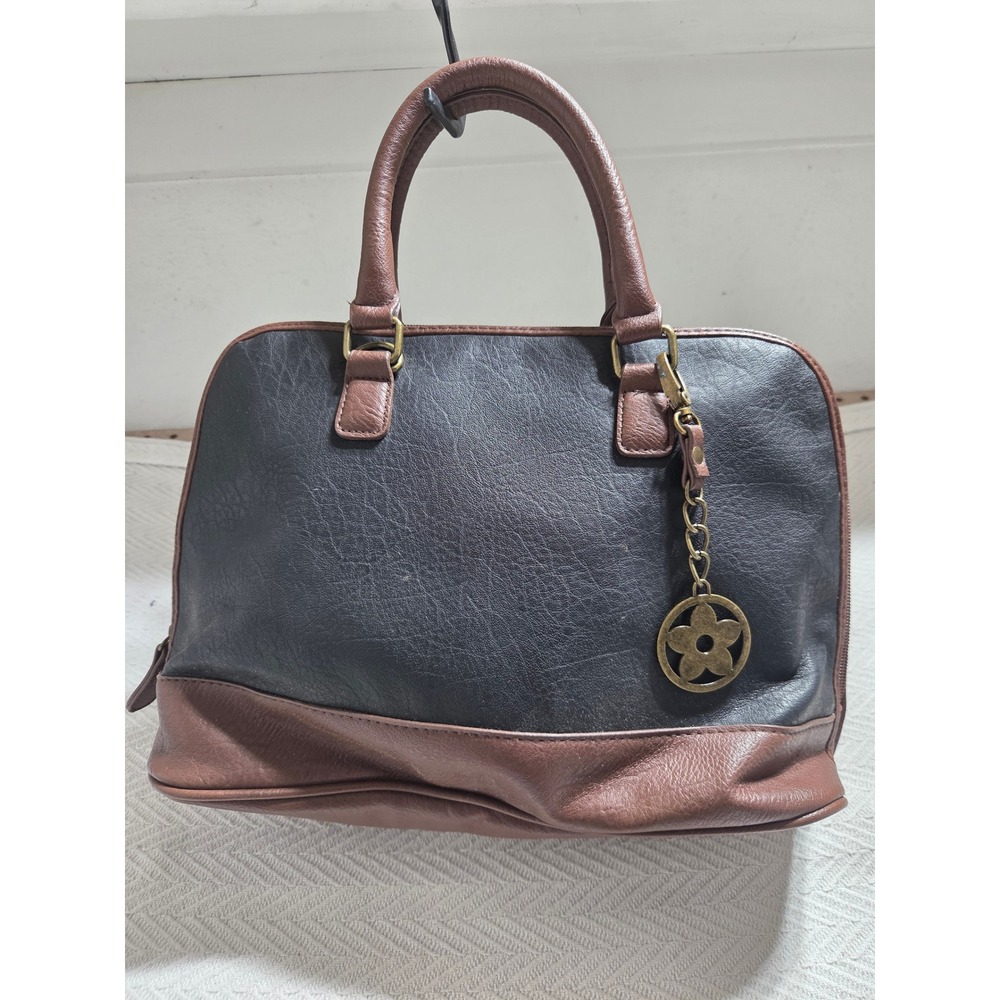 Black Brown Two Tone Dome Satchel Handbag Flower Charm Double Handle Purse
